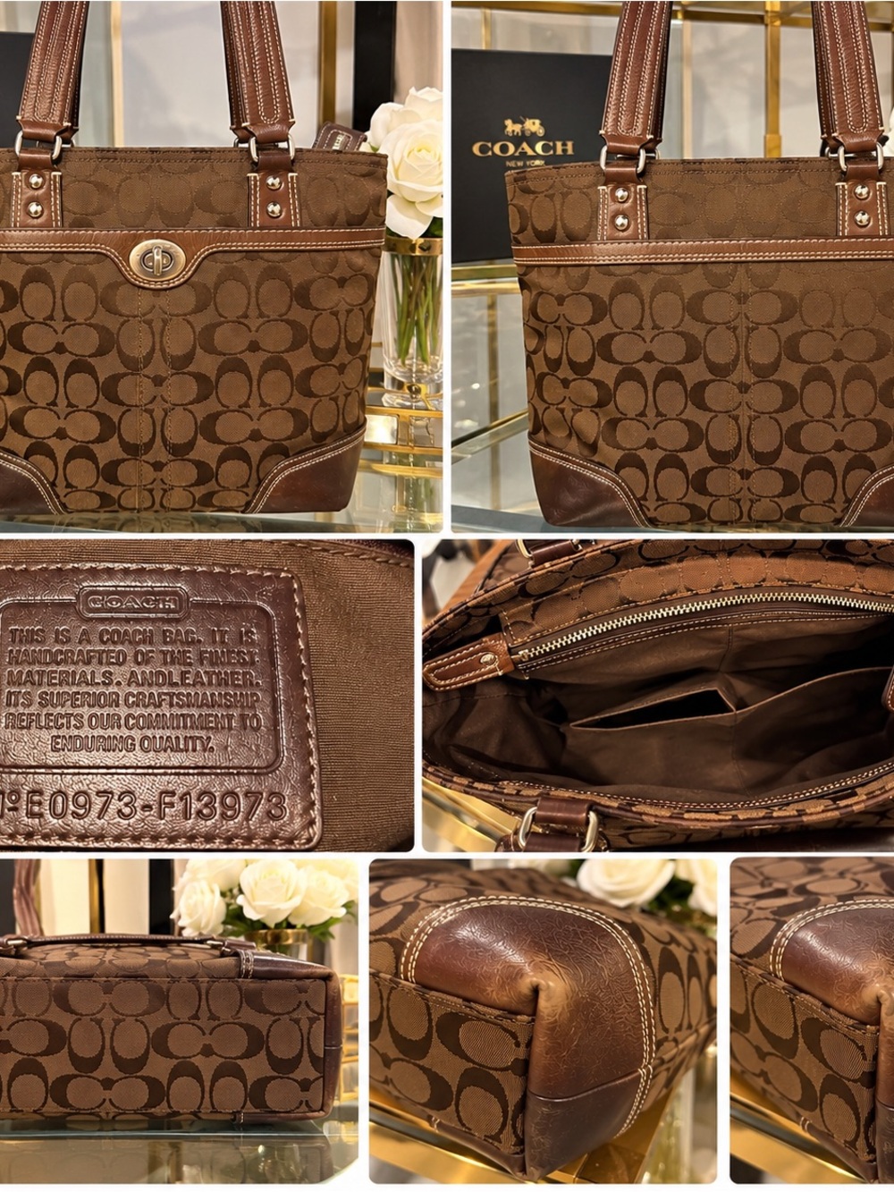 Coach Brown Signature Canvas Tote with Leather Trim